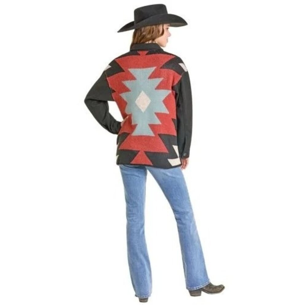 Rock & Roll Denim Women's XL Aztec Knit Back Shirt Jacket Shacket Black